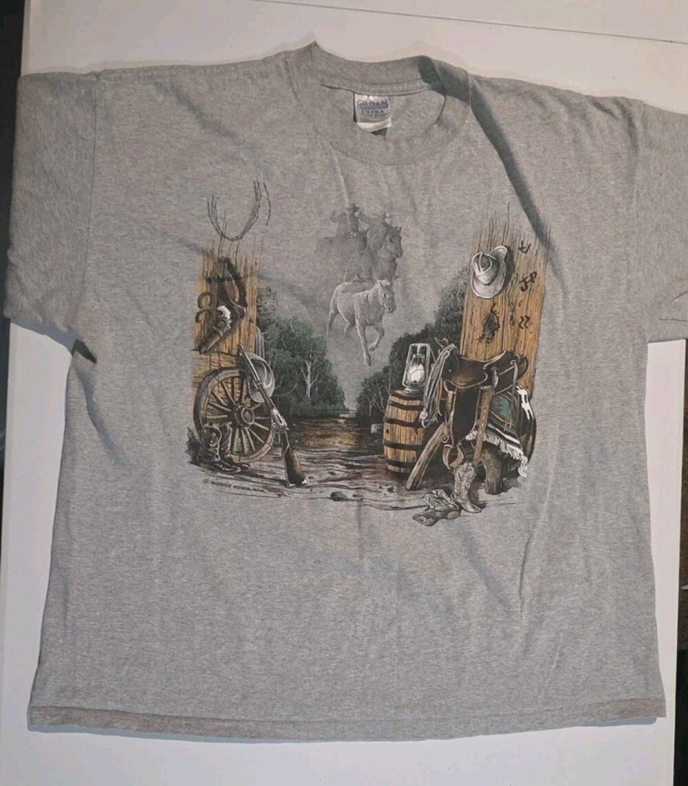 Vtg 90s Gray Cowboy T Shirt Western Ragtops Sportswear Art Large